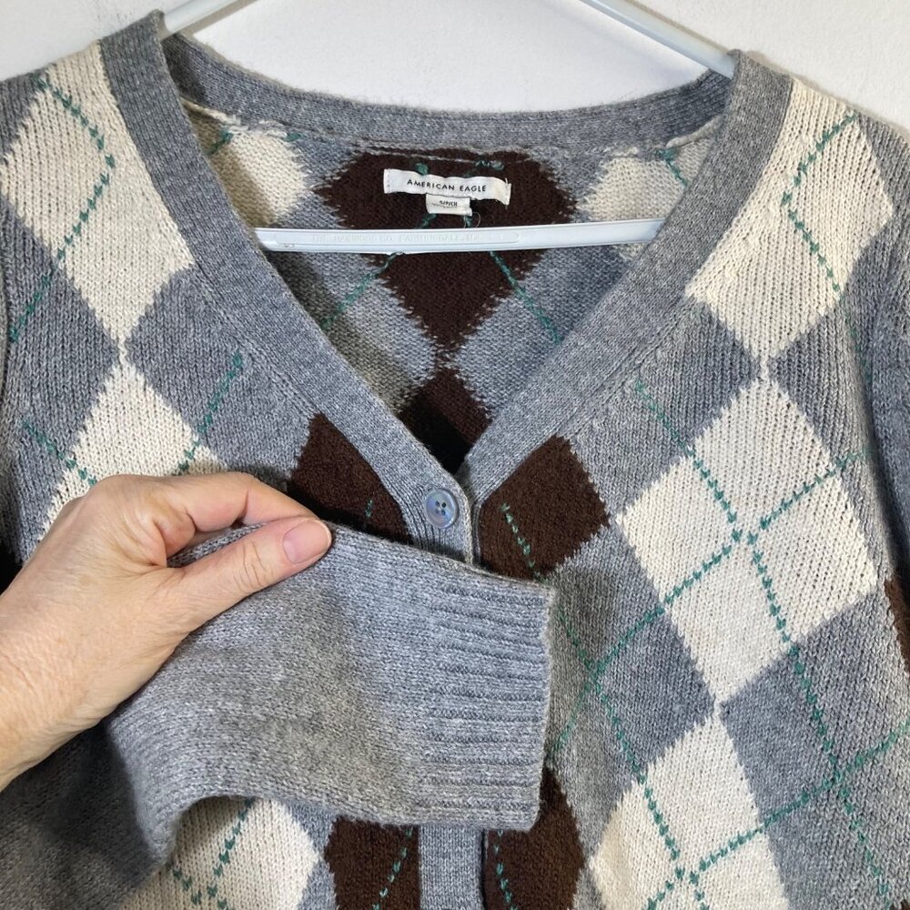 Womens American Eagle Argyle Cardigan Button Gray Brown White S - Picture 4 of 7